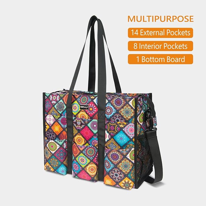 TOPDesign Utility Water Resistant Tote Bag with 22 Pockets, Top Zipper Closure & Thick Bottom Support, for Working Women