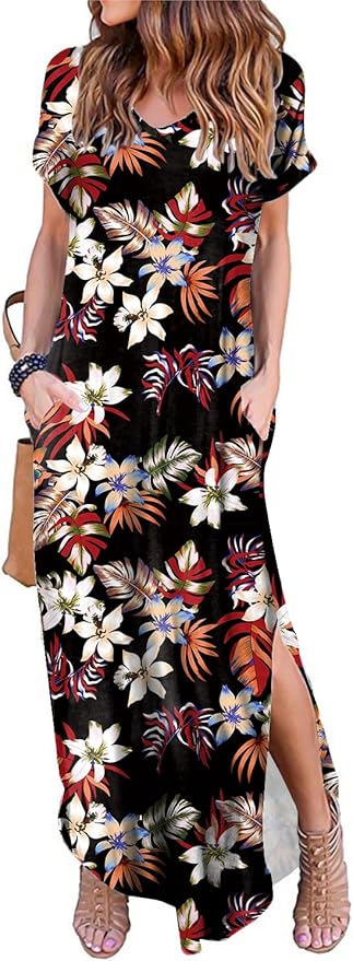 Arolina Women's Summer Maxi Dress Short Sleeve V Neck Casual Loose Long Beach Split Dresses with Pockets