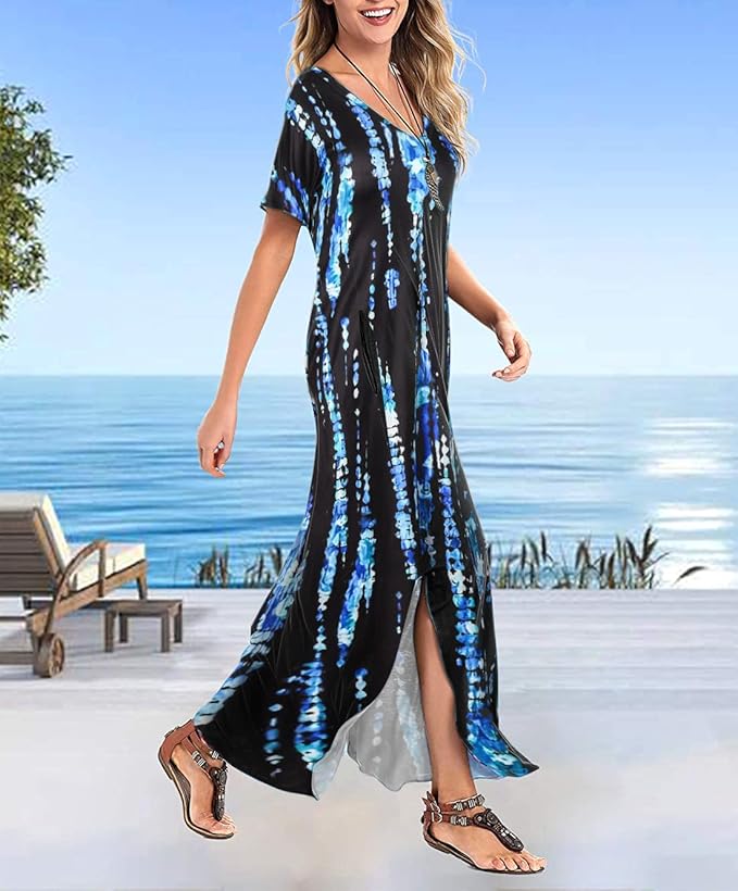 Arolina Women's Summer Maxi Dress Short Sleeve V Neck Casual Loose Long Beach Split Dresses with Pockets