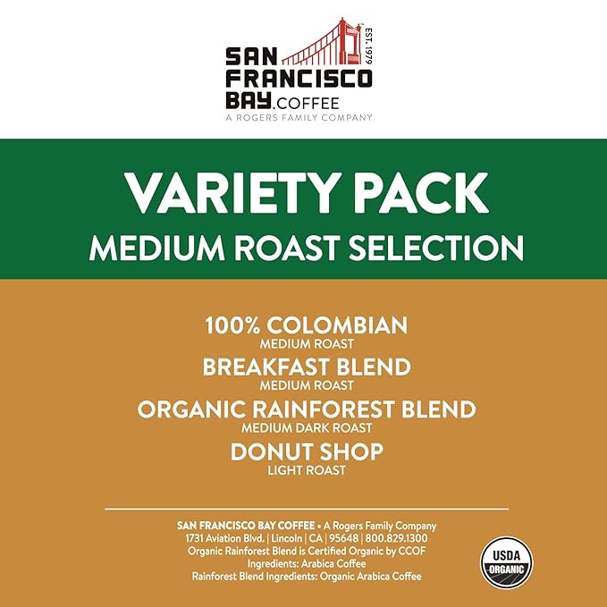 San Francisco Bay Compostable Coffee Pods - Variety Pack Medium Roast (40 Ct) K Cup Compatible including Keurig 2.0, Colombian, Breakfast, Organic Rainforest, Donut Shop
