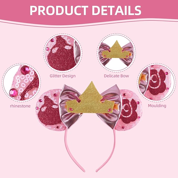Seamoy Sequin Mouse Ears Headband,Pink Elsa Mice Ears Headband, Sleeping Beauty Costume Headwear, Princess Aurora Costume (Elsa Pink)