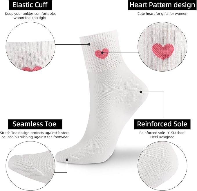 Corlap Women's Cute Cotton Crew Athletic Running Socks - Ankle High, Novelty Fun Heart Design 5-Pairs (Gift Box)