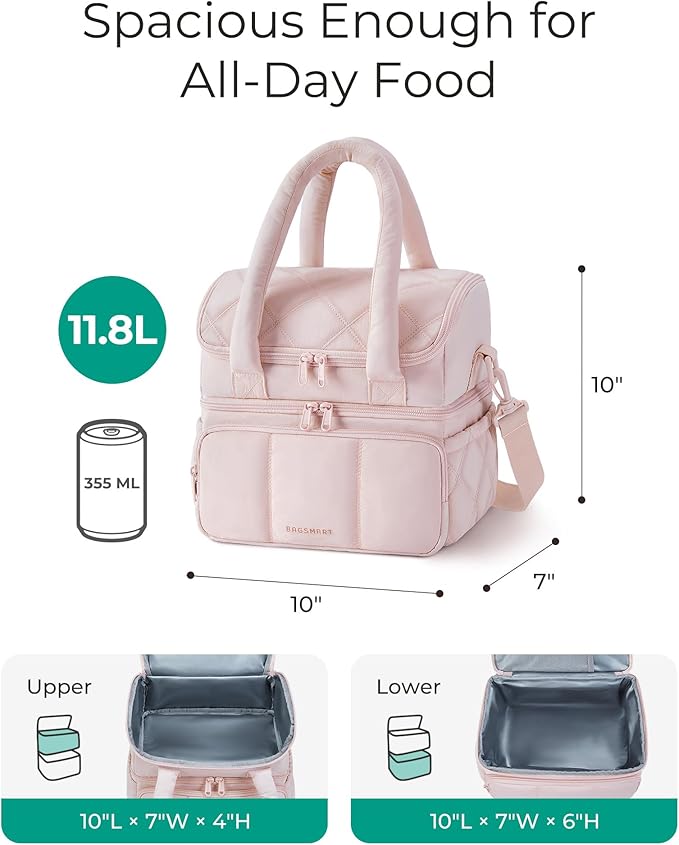 BAGSMART Lunch Bag Women, Double Deck Insulated Lunch Box, Quilted Puffer Lunch Tote, Leakproof, Durable & Reusable Large Lunch Cooler For Work Picnic Travel Meal Prep, Camel
