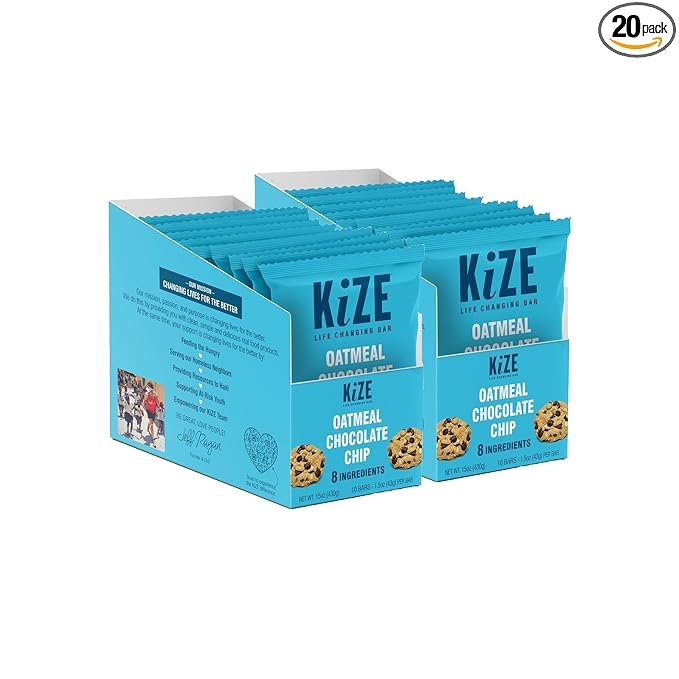 KiZE Energy Bars - Oatmeal Chocolate Chip - 20-Count - Gluten Free, Dairy Free, Non-GMO, and High Protein Meal Replacement Energy Bars, Clean and Simple Food Ingredients - 7g High Protein Snacks (20 Count)