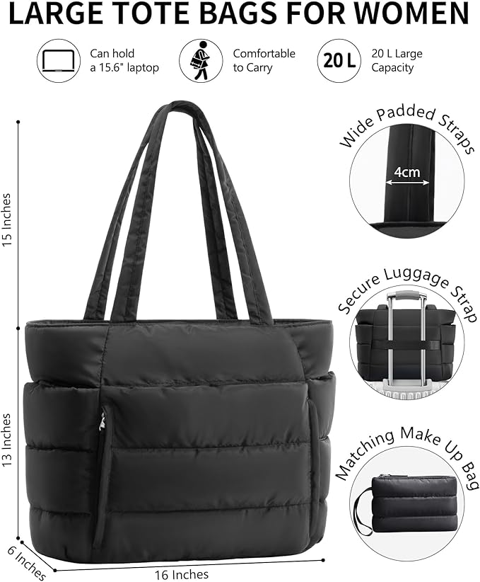 Puffer Tote Bag for Women, Lightweight Puffy Work Handbag Teacher Nurse Quilted Shoulder Bag for School Travel Gym | Quilted, with Zipper, Daily Carry On Bags, Comfy College Bags, 15.6" Laptop Sleeve, Cup Holder Pocket, Portable, Spacious