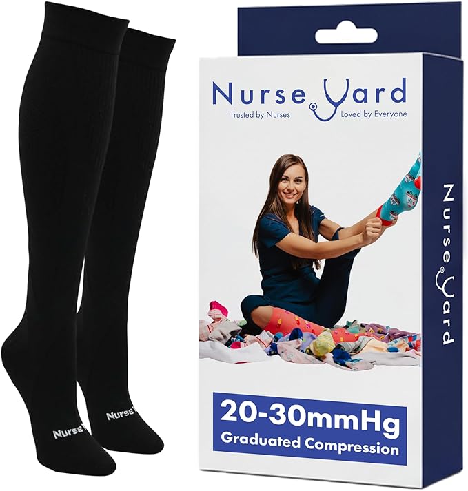 Nurse Yard Compression Socks for Women and Men | 20-30mmHg Graduated Medical Compression Socks for Nurses | Travel and Flying | Athletic Support for Running, Best Compression Socks | 1 Pair Core2Black