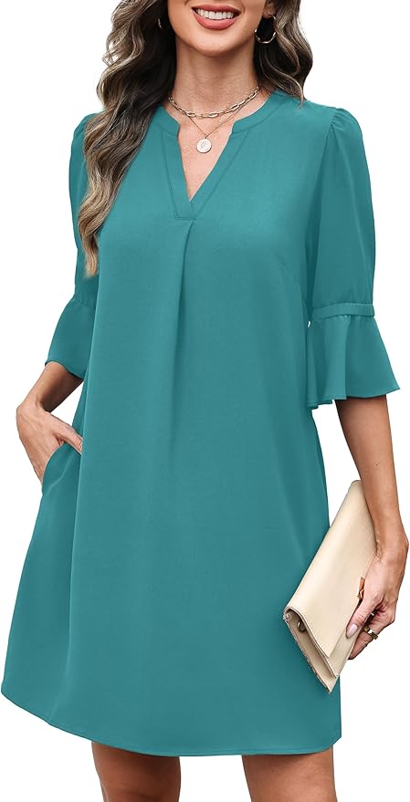 RUMIA Shift Dress for Women V Neck Ruffle Short Sleeve Loose Casual Summer Dress
