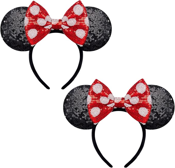 YUNISS 2 PCS Mouse Ears, Shiny Sequin Bow Mouse Ears Headbands for Adult Women Girls Christmas Birthday Party