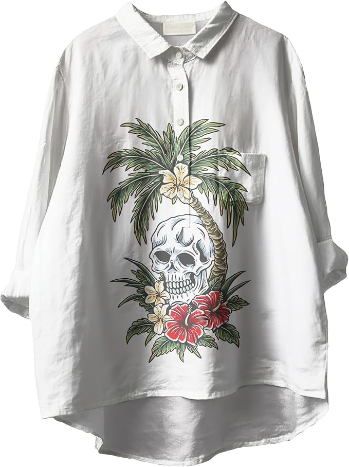 Womens Boho Tops 3/4 Long Sleeve Floral Blouses Hawaii Beach Button Down Shirts V Neck Pullover Casual Tunics