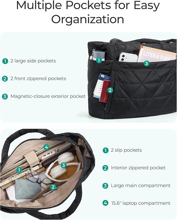 BAGSMART Tote Bag for Women, Puffy Tote Bag with Zipper, Large Quilted Shoulder Bag with Compartments for Travel, Work, Gym