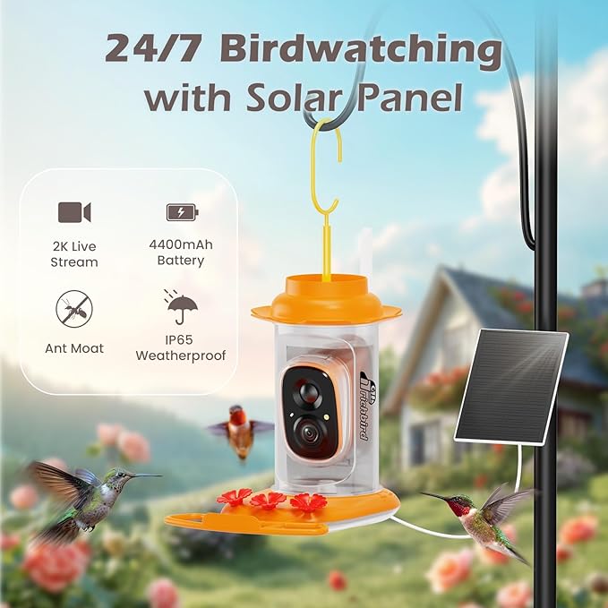 Smart Hummingbird Feeder with Camera Solar Powered, AI Identify, Instant Notification, Leakproof & Ant Moat Bird Feeder with Camera, Hummingbird Feeders for Outdoors, Gift for Bird Lovers (20 oz)