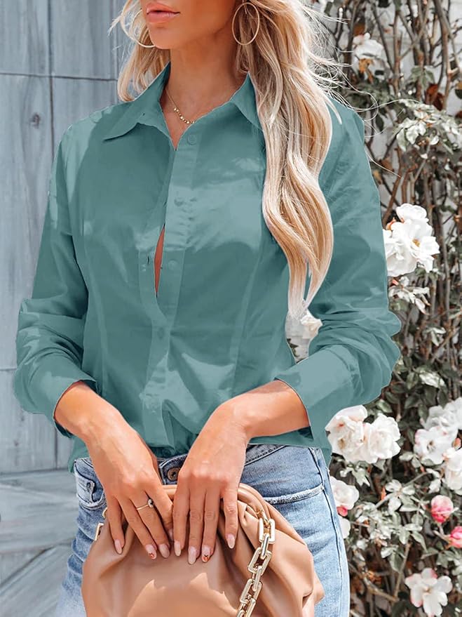 siliteelon Women's Button Down Shirts Long Sleeve Dress Shirts Wrinkle Free Collared Work Office Solid Blouses Corset Tops