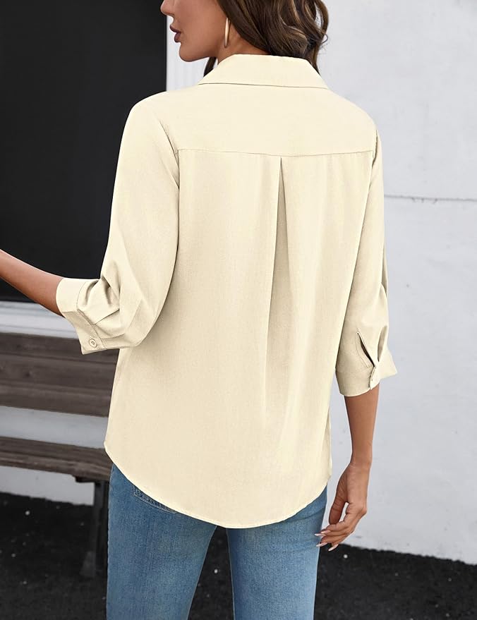 LOMON Womens 3/4 Sleeve Tops V Neck Cotton Linen Work Blouse Polo Shirts for Women Business Casual 2026