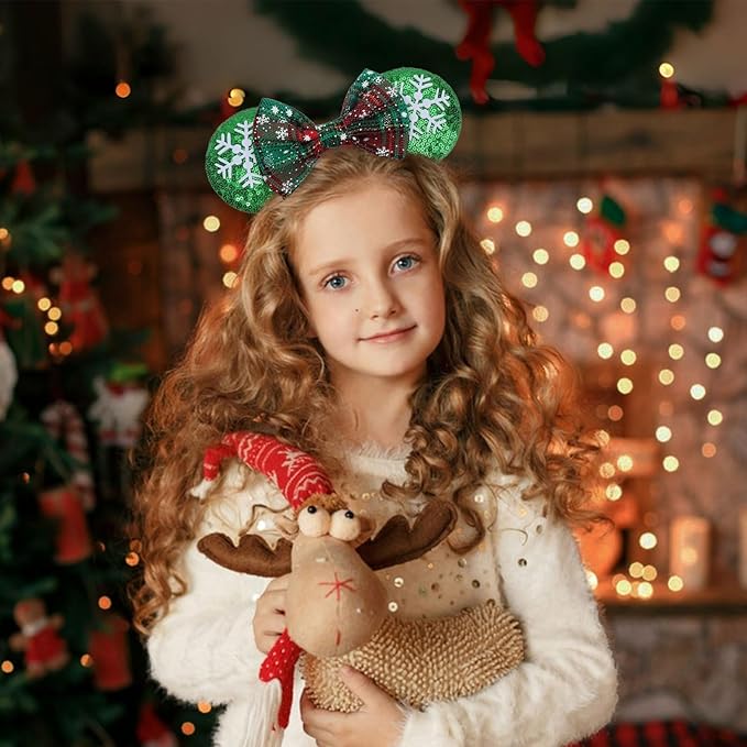 ETLUK Christmas Ears for Women Adult Girls, Mouse Ears Headbands with Bows for Trips, Party, Accessories (Plaid)