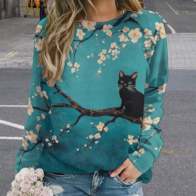 Spatofa Womens novelty funny cat printed crewneck sweatshirt casual loose long sleeve graphic pullover sweatshirts tops