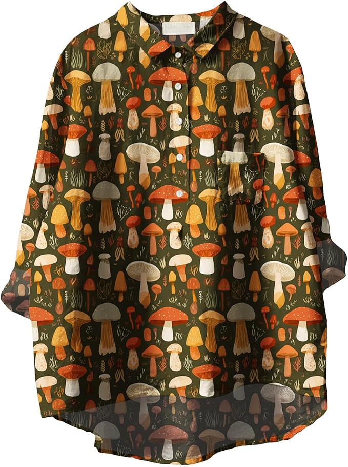 Women Funny Graphic Long Sleeve Floral Blouses Plus Size Button Shirts Casual Cute Vneck Fall Tunic Tops Trendy