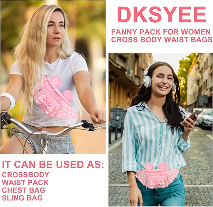 Pink Fanny Pack for Women Teen Girls Mini Mouse Fanny Pack Cute Bowknot Polka Dot Waist Pack Outdoor Travel Waist Bag Cartoon Hiking Belt Bag Bum Bags with Mouse Ears