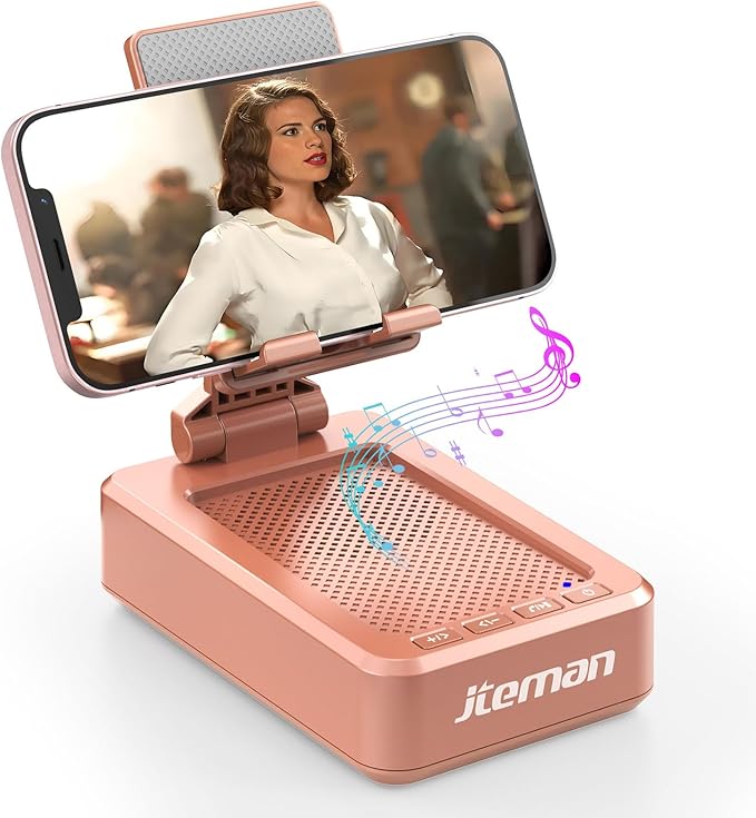 JTEMAN Cell Phone Stand with Bluetooth Speaker,Brithday Gifts for Men Women,Phone Speaker Amplifier,Kitchen Gadgets for Men,Phone Holder for Desk - Rose Gold