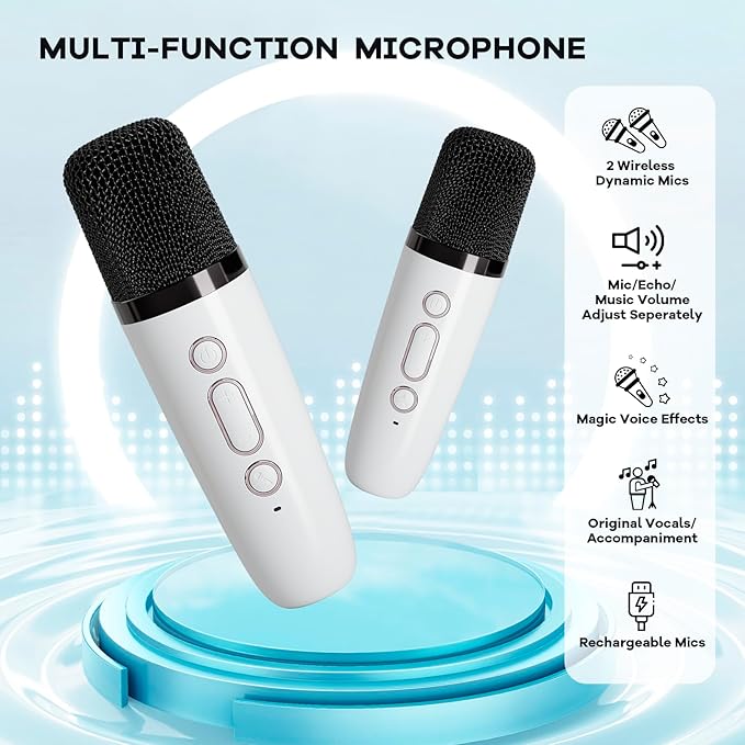 YLL Mini Karaoke Machine for Kids Adults, Portable Bluetooth Speaker with 2 Wireless Microphones,Toys Birthday Gifts for Girls 3, 4, 5, 6, 7, 8, 9, 10, 11, 12+ Years Old Toddler Teens(White)