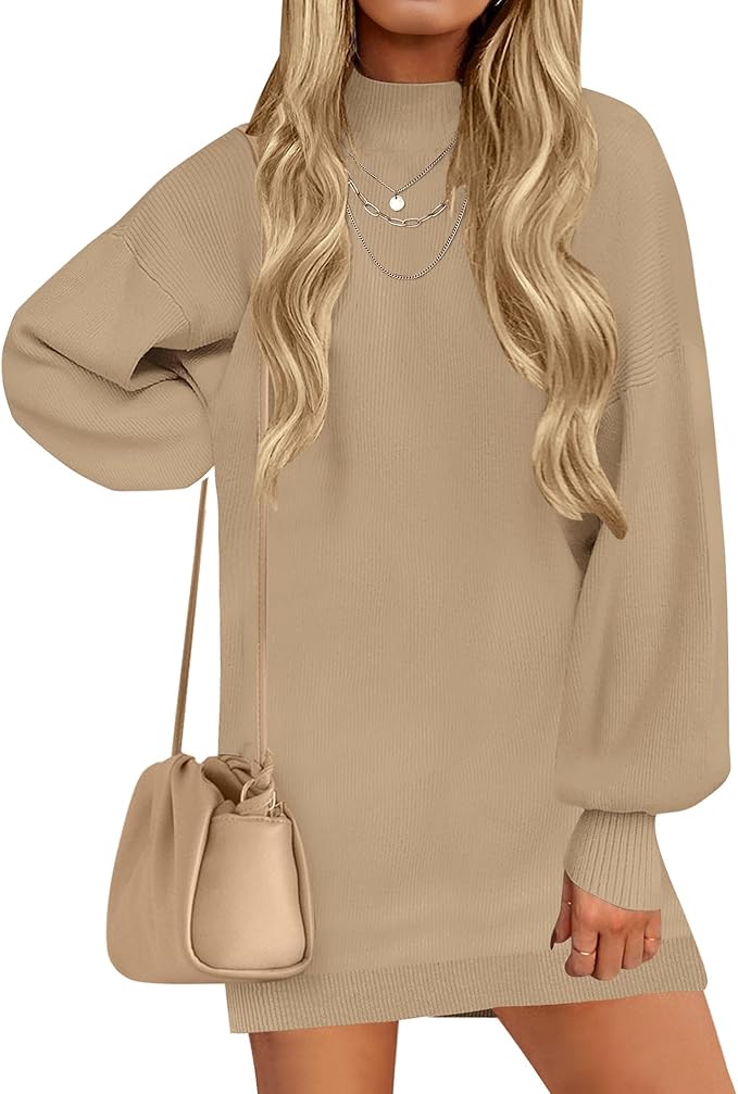 ZESICA Women's 2026 Fall Turtleneck Sweater Dress Oversized Long Lantern Sleeve Casual Knit Pullover Mini Dresses