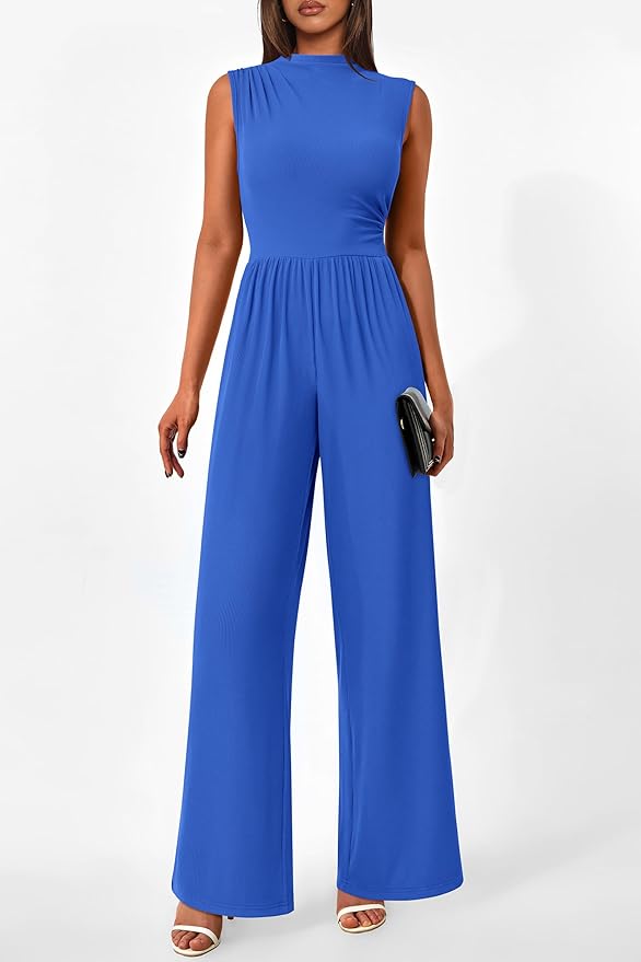 PRETTYGARDEN Womens Summer Jumpsuits Dressy Casual One Piece Outfits Sleeveless Mock Neck Wide Leg Pants Rompers with Pockets