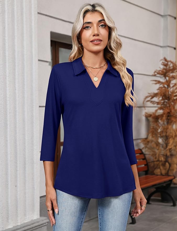 LOMON 3/4 Length Sleeve Womens Tops 2026 Spring Summer Collared Polo Shirts V Neck Casual Basic Polos Tees Shirt