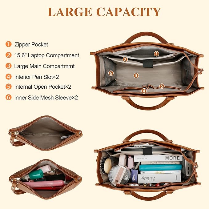 KKXIU Lunch Tote Bag for Women - 15.6" Ladies Work Tote, Laptop Purse with Insulated Lunch Compartment, Quilted Computer Handbag with Large Capacity for Work, Office, Nurse, Teacher (Brown)