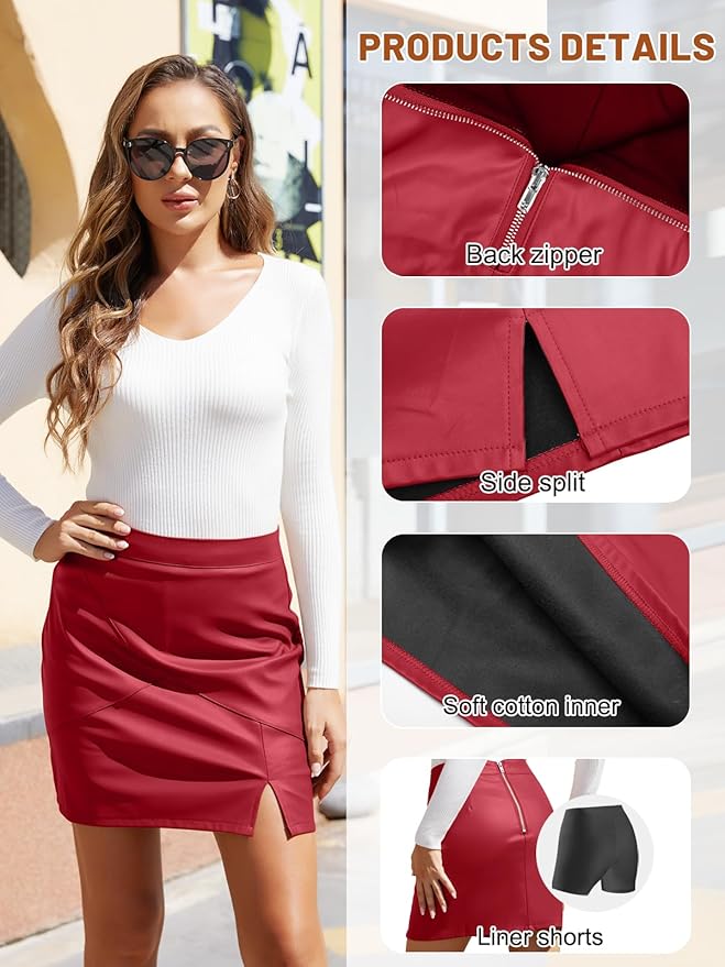 We1Fit Womens Fuax Leather Skirt High Waisted Bodycon Pencil Mini Skirts with Shorts