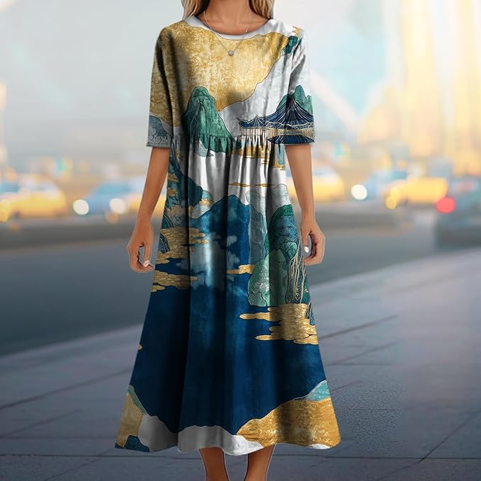 MARSVOVO Trendy Dresses for Women 2025 Classic Fairy Flowy Sundress Relaxed Fit Dress with Side Pockets