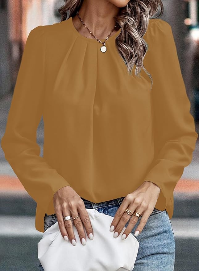 Samefar Womens Tops Dressy Casual Pleated Crew Neck Long Sleeve Shirts Office Work Chiffon Blouses