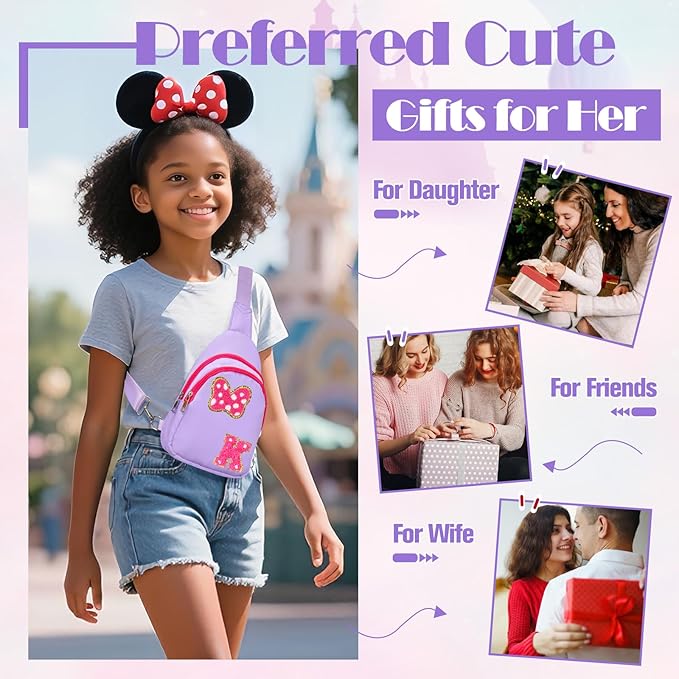 7 8 9 10 11 12 13 22 Year Old Girl Birthday Gifts, Purple Initial Bow Mouse Park Small Sling Bag for Girls Daughter Women, Teen Girl Gifts Trendy Stuff Crossbody Fanny Pack Must Have for Park Travel K