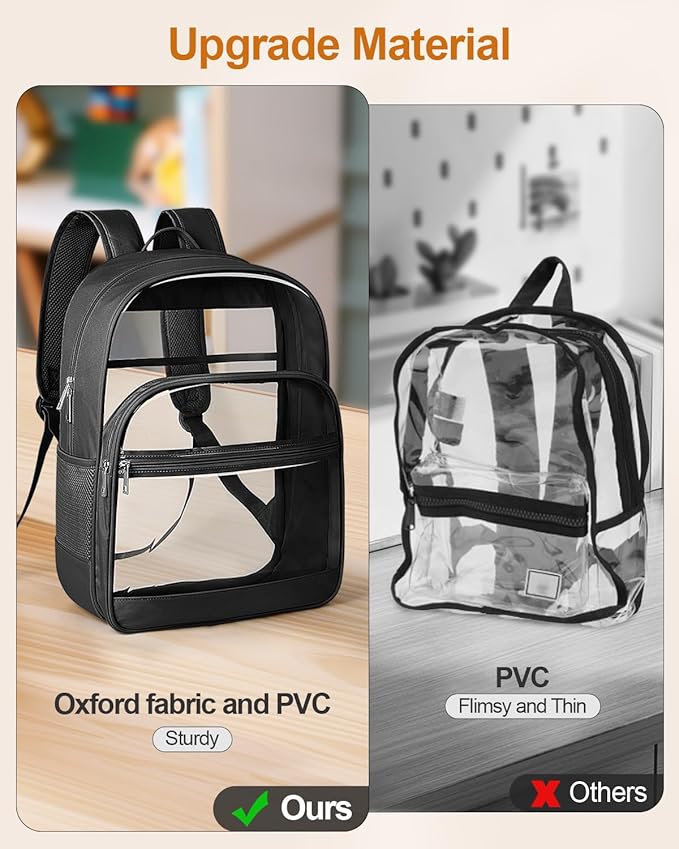 KIMNERPU Clear Backpack, Heavy Duty Transparent Bookbag for School, Fabric & PVC Transparent Backpack with Reinforced Strap for Women Men, Capacity Clear Bag for College, Medium Black