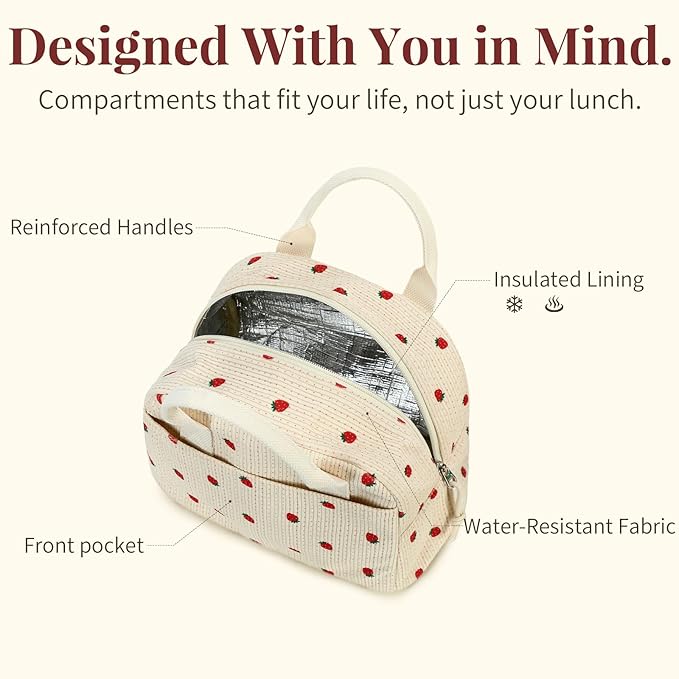 Insulated Strawberry Lunch Bag for Women, Stylish Corduroy Tote with Aluminum Lining, Large Capacity Reusable Cooler for Work, Travel, Beach or Picnic, Beige Cream Water-Resistant Lunch Box
