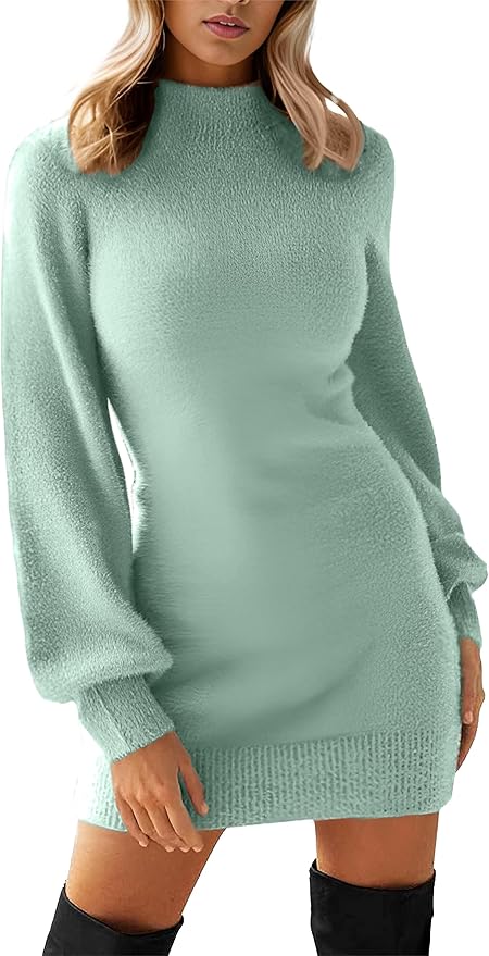 GRECERELLE 2026 Women's Mock Neck Ribbed Long Sleeve Bodycon Pullover Cute Mini Sweater Dress (XS-2XL)