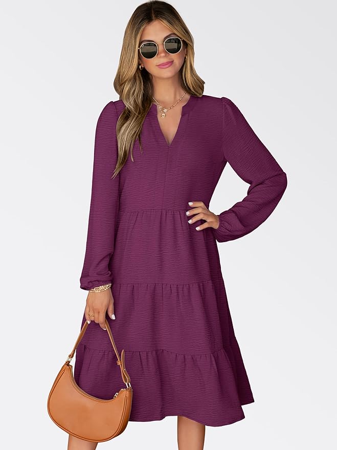 ANRABESS Womens Fall Midi Dresses Long Sleeve V Neck Swing Tiered Work Business Casual 2026 Flowy Beach Vacation Dress