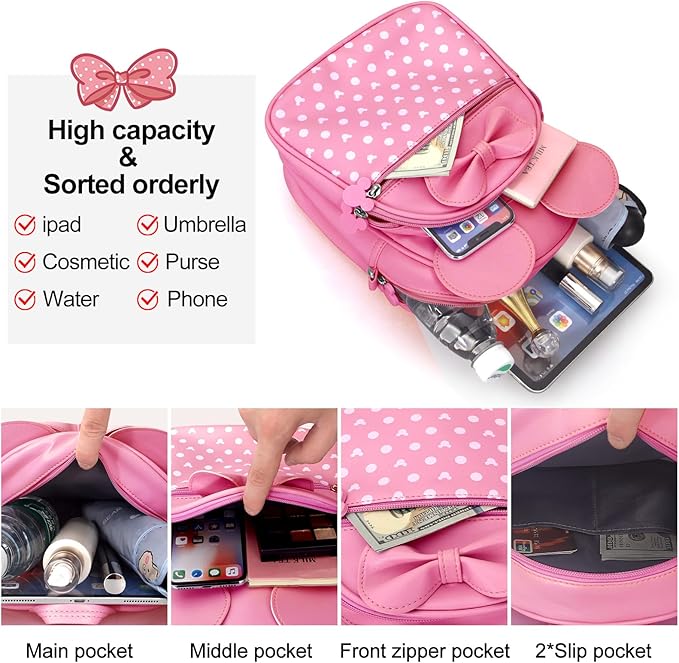 Voikukka Cute Girls Mini Mouse Backpacks for Kids Backpack Purse Pink Toddler Backpacks Small Travel Kid Daypack Women Convertible Shoulder Bag Bowknot Little Girls Children Preschool Backpack