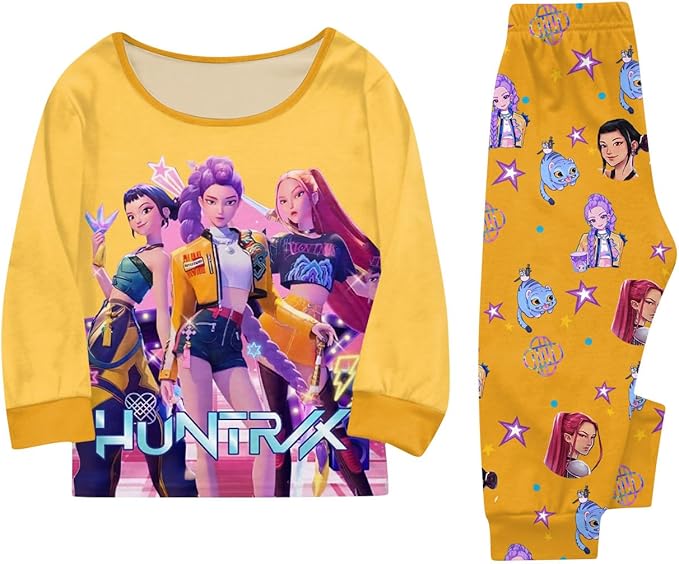 Girls 2 Piece K Pop Singer Outfits Cute Cartoon Graphic Shirts and Pants Casual Tracksuit Fashion Clothing Sets