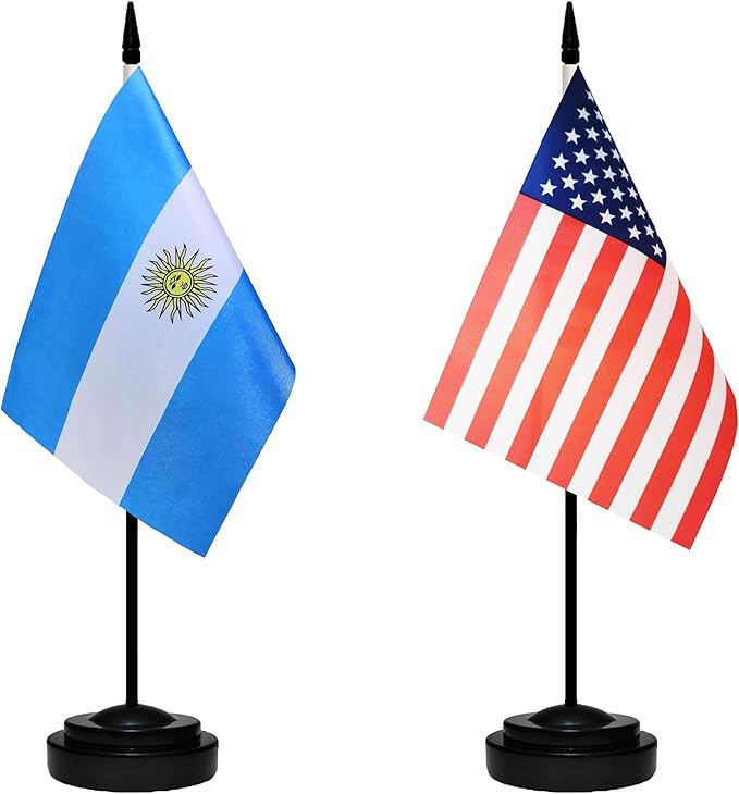 USA American & Argentina Argentinian Desk Flags, US Argentina Table Flag, Small Mini American & Argentinian Twin Table Office Flag, Miniature Argentinian and US Desktop Flag With 13" Solid Black Pole, Black Base