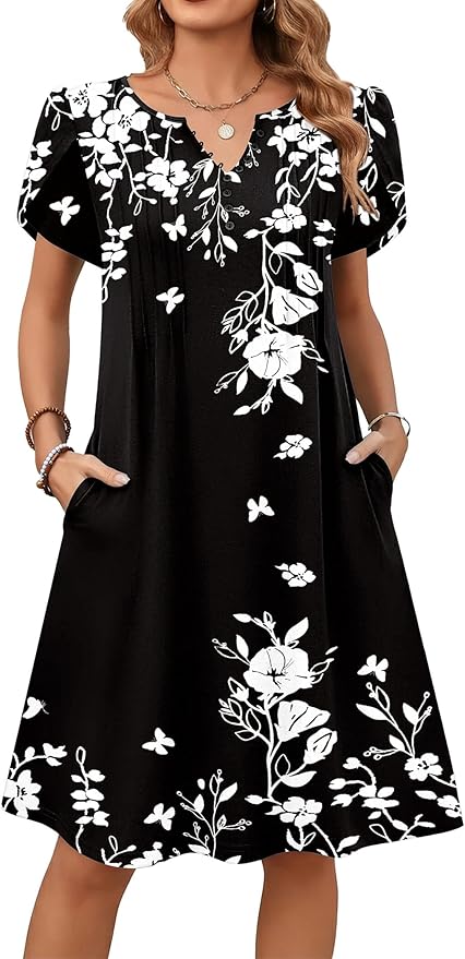 Zeagoo Women's Casual Dresses with Pockets Summer Floral V-Neck A-Line Tshirt Dress Short Sleeve Mini Dress Beach Sundress
