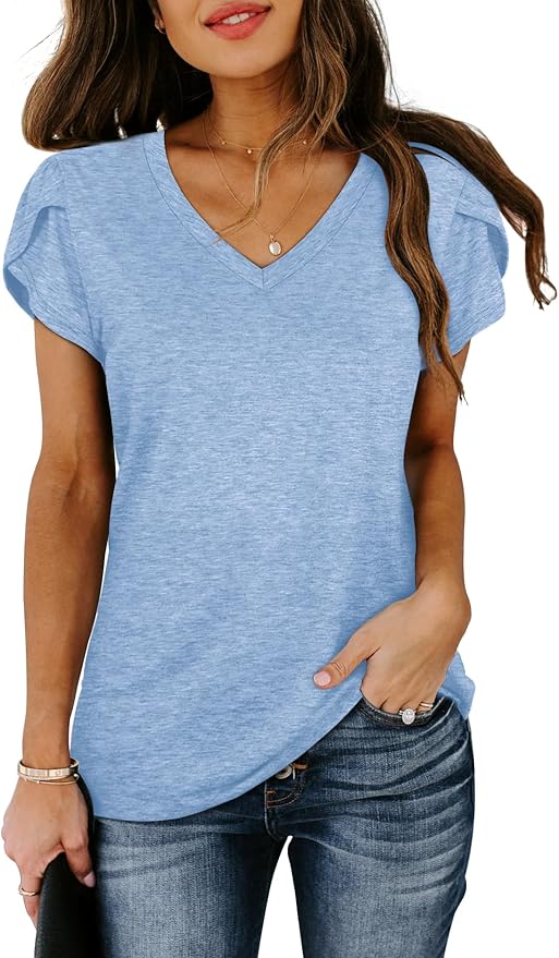 WIHOLL Womens Tops V Neck Summer Petal Sleeve Casual Tshirts