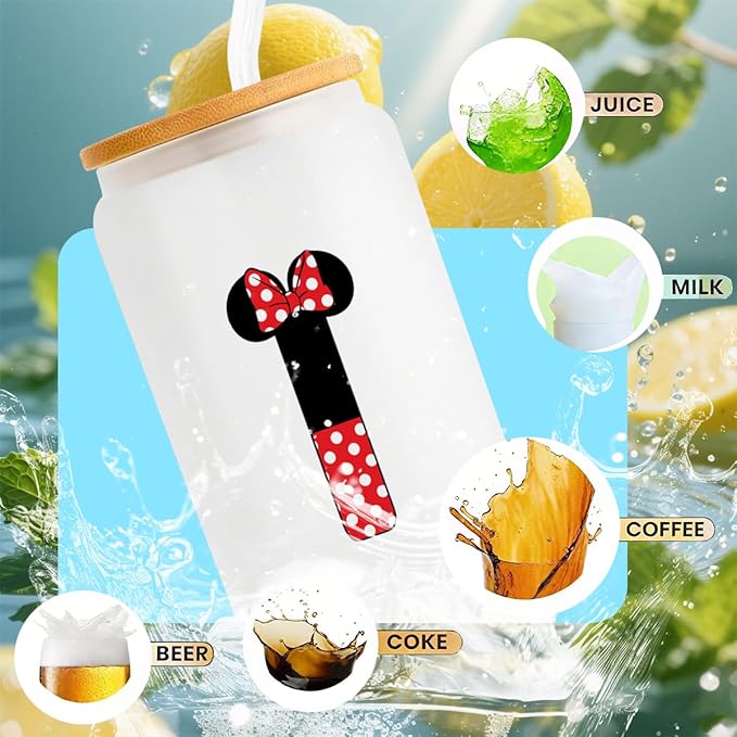 Cute Cartoon Mouse Lover Gifts Initial A-Z Personalized Iced Coffee Cup Magic Mouse Stuff Wizard Gift 16oz Glass Cup with Lid and Straws Birthday Christmas Gifts for Women Teen Girls (Letter I)