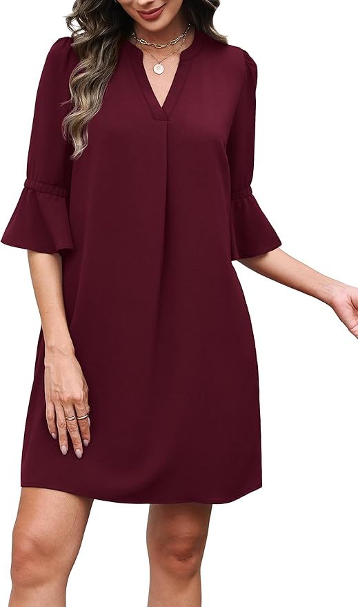 RUMIA Shift Dress for Women V Neck Ruffle Short Sleeve Loose Casual Summer Dress