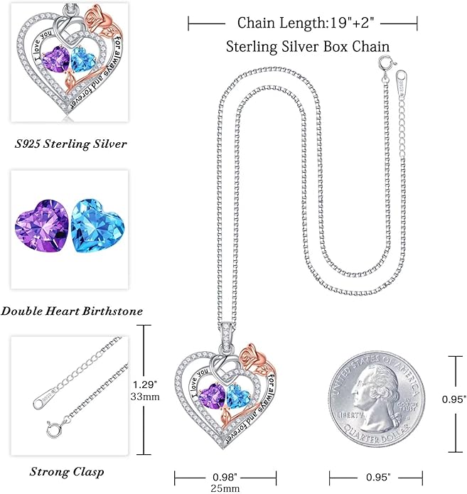 Iefil Valentines Day Gifts for Her - 925 Sterling Silver Double Birthstone Necklace, Anniversary Birthday Gifts for Women, Jewelry Gift for Wife Girlfriend Mom Her