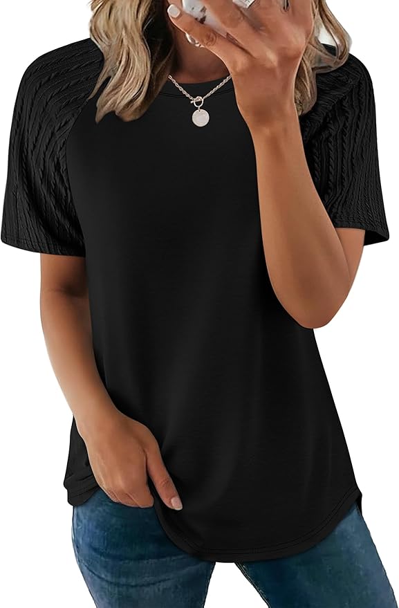 WIHOLL Summer Tops for Women 2026 Trendy Short Sleeve Shirts Crew Neck Tops Curved Hem Fashion Clothing