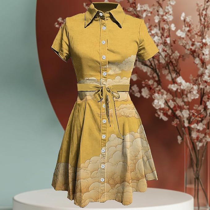 MARSVOVO Japanese Art Shirt Dresses for Women Short Sleeve Ruffle Button Down Tie Waist Trendy Elegant Midi Dress
