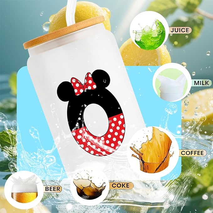 Cute Cartoon Mouse Lover Gifts Initial A-Z Personalized Iced Coffee Cup Magic Mouse Stuff Wizard Gift 16oz Glass Cup with Lid and Straws Birthday Christmas Gifts for Women Teen Girls (Letter O)
