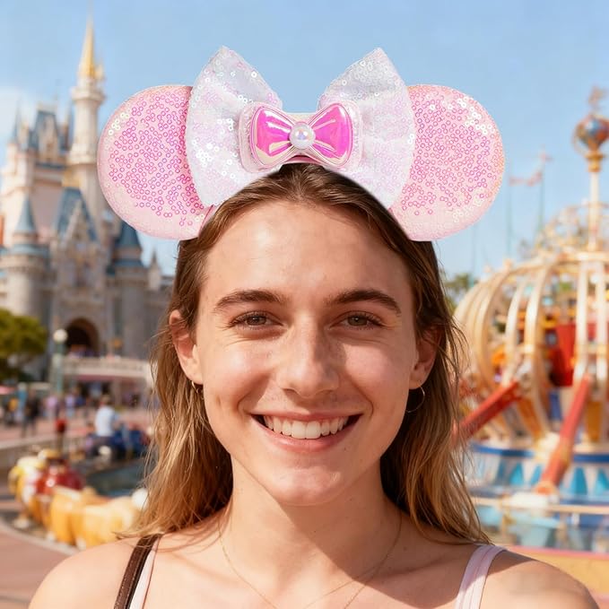 WW-WONDERFULWORLD Pink Mouse Ears Headbands With Shiny Bows & Sequins, for Girls Women Costume Cosplay Glitter Party; FG-FB