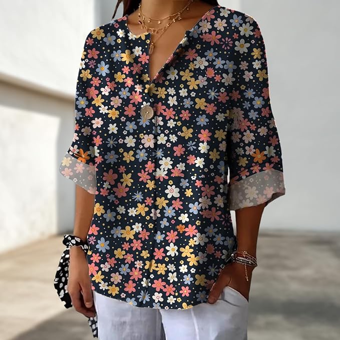 Long Sleeve Shirts for Women V Neck Button Boho Graphic Blouses Casual Collared Fashion Summer Flowing Tops