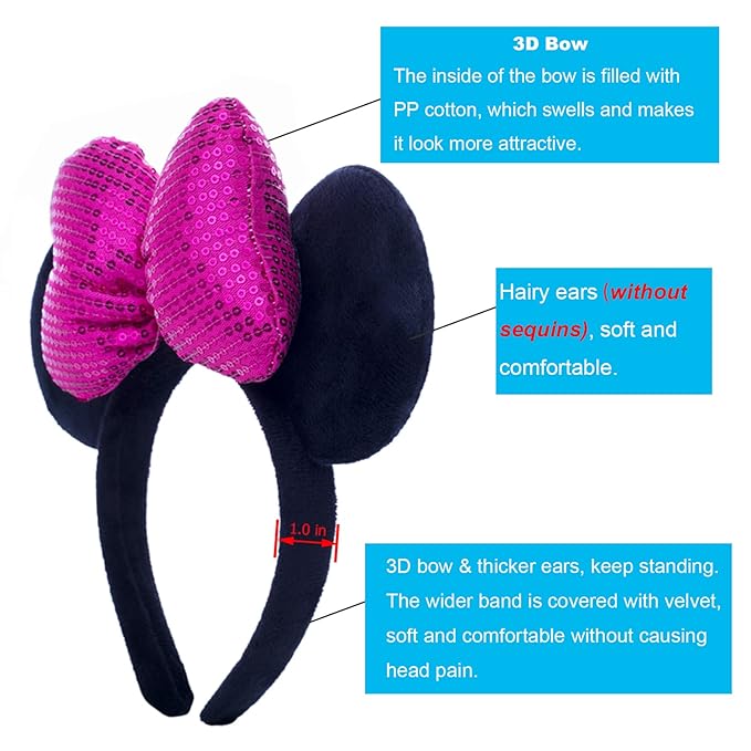CHuangQi 1pcs Mouse Ears Shiny Headband with 3D Bow Hair Band Double-sided Sequin Bow for Birthday Party or Amusement Park (3D RoseredBow)