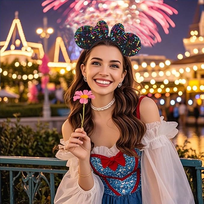 WW-WONDERFULWORLD Black Mouse Ears Headband with Rainbow Sequin, for Cartoon Princess Costume Cosplay Accessory, Glitter Christmas Party; H-XT